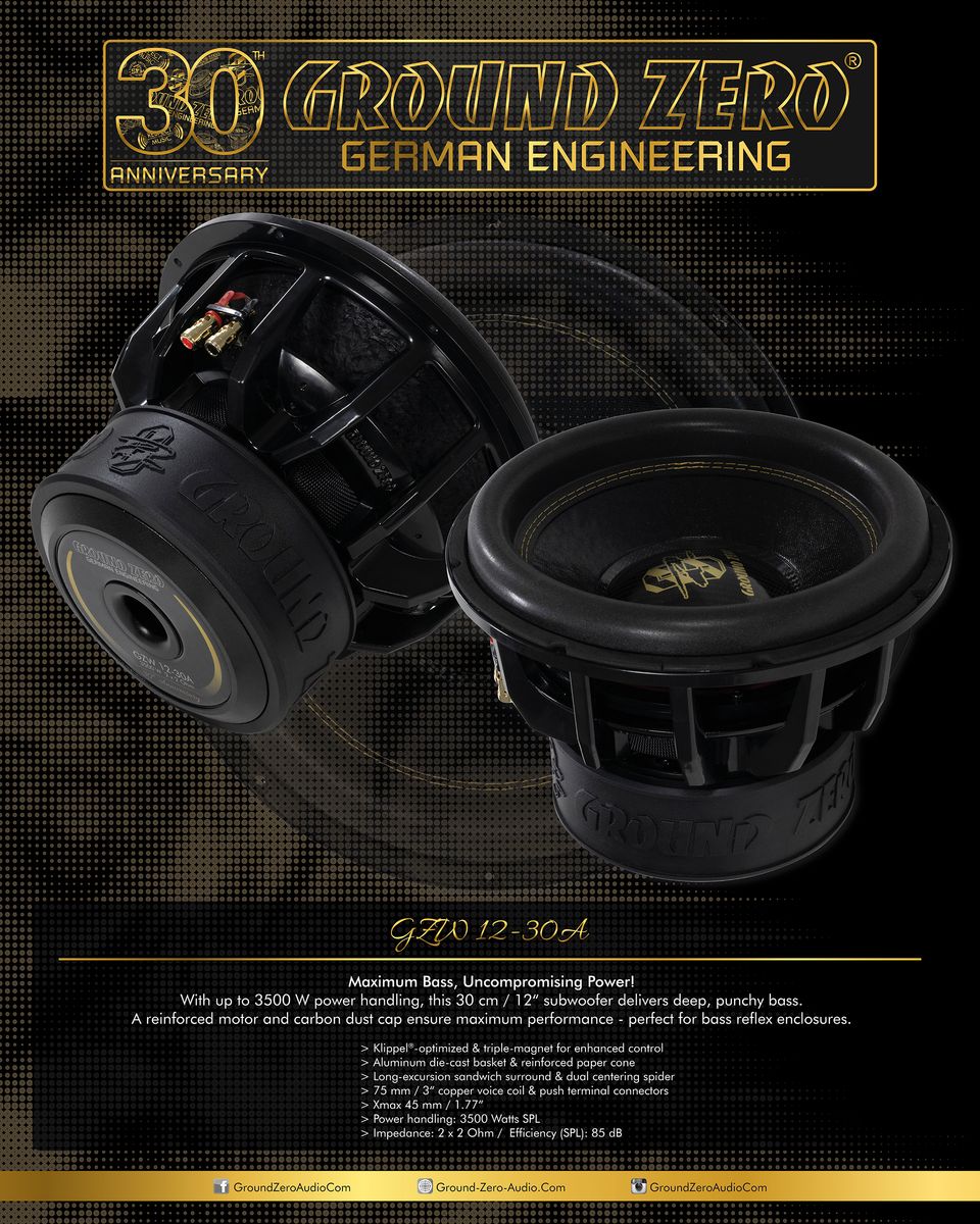 Ground Zero GZW 12-30A 12” Anniversary Subwoofer 2x2 Ohm 1500W RMS